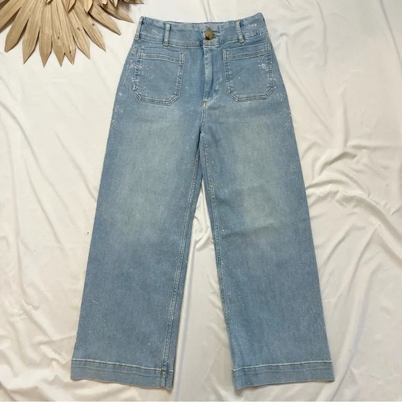 Anthropologie Maeve The Colette Sparkle Rhinestone Wide Leg Cropped Jeans 27 - Picture 5 of 9